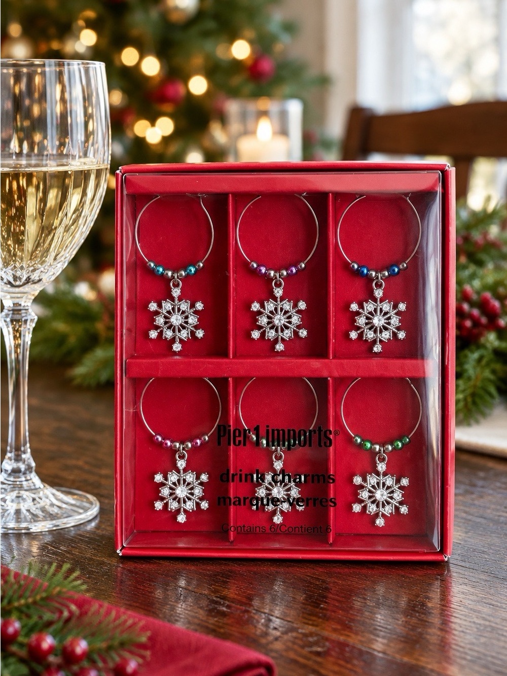 Pier 1 Silver Snowflake Wine Charms with Red Box and Multicolor Beads